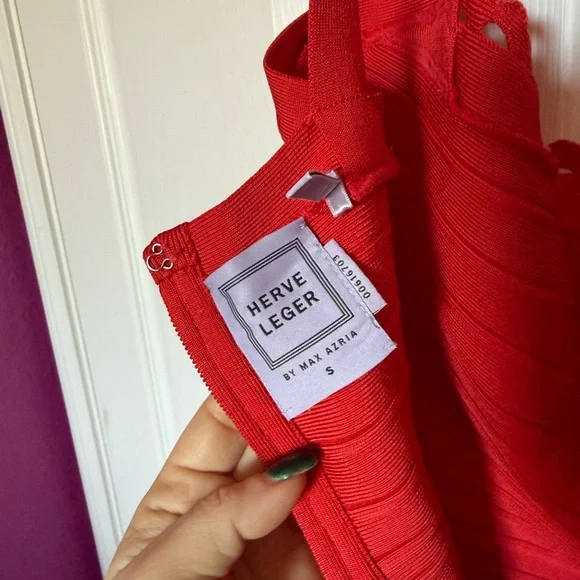 Herve Leger Vibrant Red Bandage Dress with Scalloped Neckline NWT